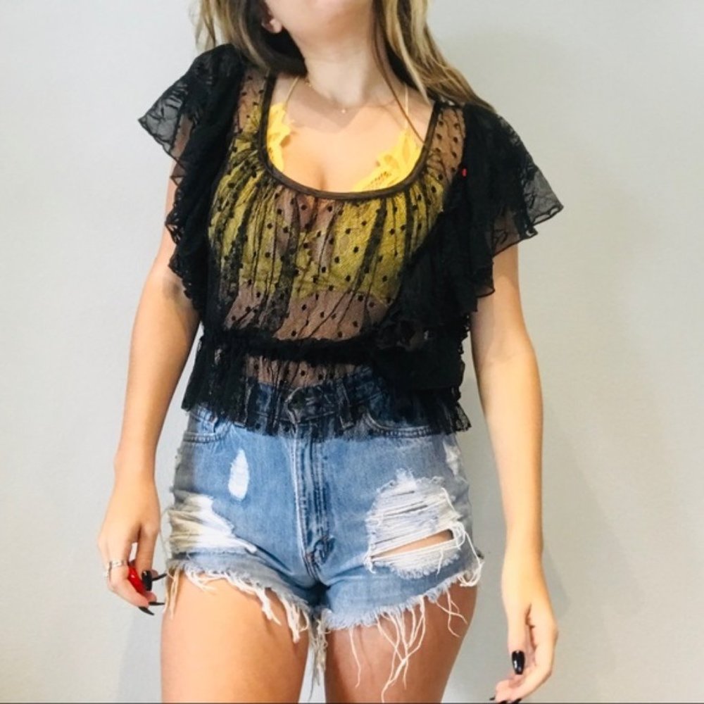 Free People black mesh polka dot ruffle top - Picture 3 of 7